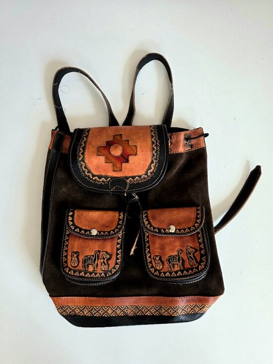 Puro Cuero Handbags - Puro Cuero Handcrafted Peruvian Leather Suede backpack Traditional Geometric